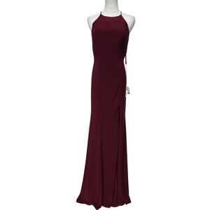Madison James Dress Womens 6 Burgundy Beaded Halter Open Back Maxi Gown Formal